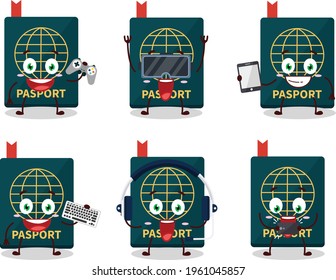 Passport cartoon character are playing games with various cute emoticons