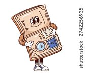 Passport character with smiling face, open pages, visa stamp and photo section detail, holding document with friendly pose. Passport in retro groovy cartoon outline style vector illustration