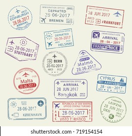 Passport city names stamp set. Edinburgh, Stuttgart and Leipzig in Germany, Bern, Helsinki or Cyprus and Bangkok in Thailand, Malta or Copenhagen and Nice. Travel country arrival vector icons.