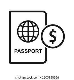 Passport with coin. Simple design, stroke outline style. Line vector. Isolate on white background.
