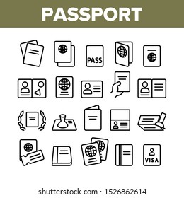 Passport Collection Elements Icons Set Vector Thin Line. Legal Document With Stamp, Certificate, Official License And Passport Concept Linear Pictograms. Monochrome Contour Illustrations