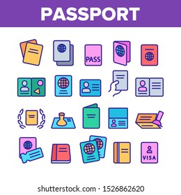 Passport Collection Elements Icons Set Vector Thin Line. Legal Document With Stamp, Certificate, Official License And Passport Concept Linear Pictograms. Color Contour Illustrations