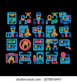Passport Control Check neon light sign vector. Glowing bright icon  Scanning Passport And Stamp, Policeman And Book, Fingerprint And Document Illustrations