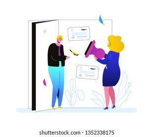 Passport control - colorful flat design style illustration on white background. A composition with a man passing the check before the flight, female airline worker with a scanner. Traveling concept