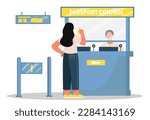 Passport control concept. Woman standing in front of counter with customs officer. Flights and passport control. Airport terminal and control tower. Cartoon flat vector illustration