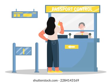 Passport control concept. Woman standing in front of counter with customs officer. Flights and passport control. Airport terminal and control tower. Cartoon flat vector illustration