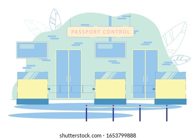 Passport Control Department Interior with Customs Officers Desks and Barrage Installations. ID Documents Verification for Domestic and Abroad Flights Boarding. Flat Cartoon Vector Illustration.