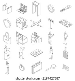 Passport control icons set. Isometric set of passport control vector icons outline thin lne isolated on white