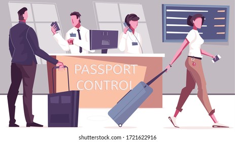 Passport control indoor composition with flat characters of passengers and officers at desk with departures table vector illustration