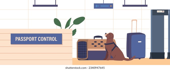 Passport Control Interior With Crossing Borders With Luggage And A Dog Waiting For Transportation, Vector Illustration