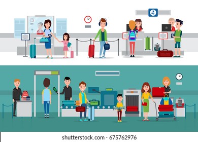 Passport Control Procedure With Metal Detector, Documents And Baggage Check By Customs Officers In Airport Or Railway Station Vector Illustrations.