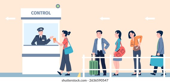 Passport control. Tourist with luggage on check point in airport or border. Officer in counter looking documents. People in waiting line, recent vector concept