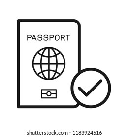 Passport with correct icon, pass or approved document concept. Flat simple design. Line Vector. Isolate on white background.
