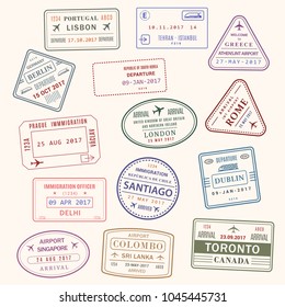 Passport country stamps vector set of Lisbon Portugal, Athens Greece or London Britain and Toronto Canada. Isolated passport ink stamp of Santiago, Colombo in Sri Lanka and Delhi India travel