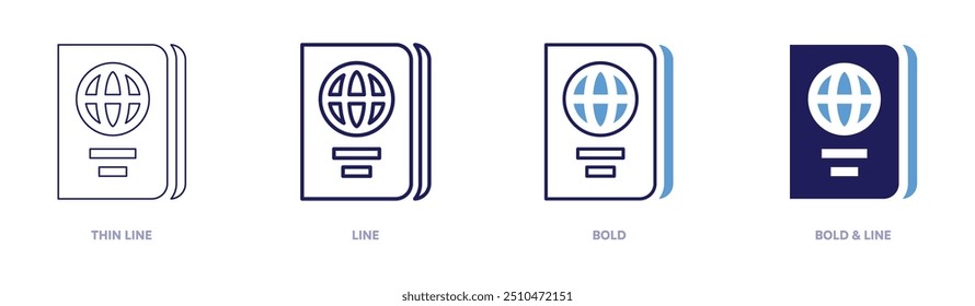 Passport cover icon in 4 different styles. Thin Line, Line, Bold, and Bold Line. Duotone style. Editable stroke.