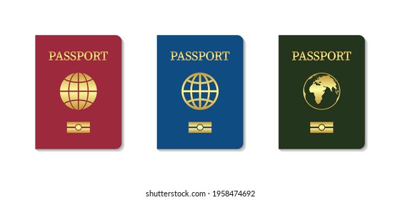 Passport cover. Leather cover of passport citizen. Template of biometric international document with chip. Golden globe on red and blue background. Icon for travel, citizenship and immigration. Vector