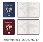 Passport cover with map. Passport pages. Realistic detailed 3d passport with open page, isolated on white background. International identity document. Front page design. Vector illustration