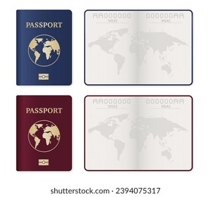 Cubierta de pasaporte con mapa. Páginas de Passport. Pasaporte 3d realista y detallado con página abierta, aislado de fondo blanco. Documento de identidad internacional. Diseño de página principal. Ilustración del vector