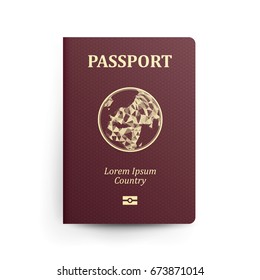 Passport Cover With Map. Realistic Vector Illustration. Red Passport Cover With Globe. International Identification Document. Front Page Design. Isolated