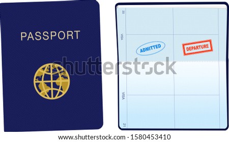 Passport cover page. Open visa page with admitted(arrived) and Departure stamp. Banner for international traveling. 