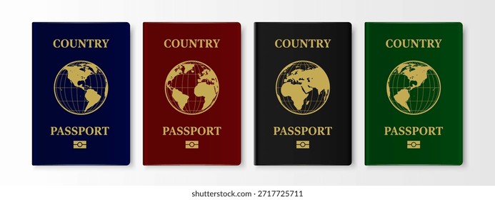 Passport Cover Vektor Set - Biometrische internationale Passport Vorlagen mit Golden Globe, Leder Reisedokument Cover in Blau, Rot, Schwarz und Grün