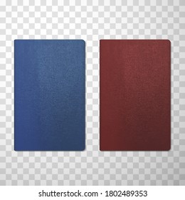 Passport covers blue and red realistic mockups. International or national official documents, papers empty templates. Wrapper, hardcover. Vector illustration set isolated on transparent background.