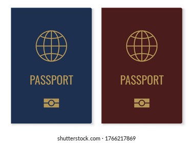 Passport covers with map. Realistic red and blue international identification document, citizen official ID with golden globe. Vector isolated on white elements