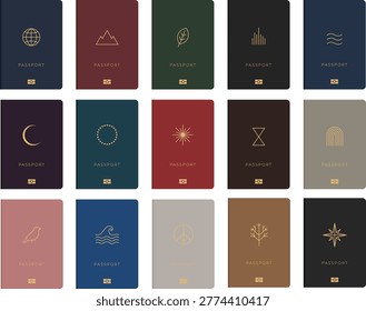 Passport covers set vector illustration, abstract minimalist fictional travel document collection isolated on white background.