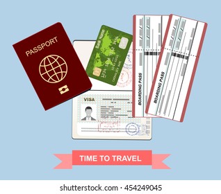 Passport, credit card and airline boarding pass ticket. Vector illustration in flat design 