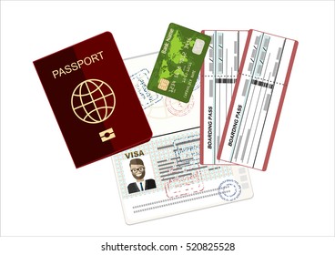 Passport, credit card and airline boarding pass ticket. Vector illustration in flat design