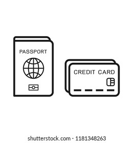 Passport with credit card icons. Flat simple design. Line Vector. Isolate on white background.