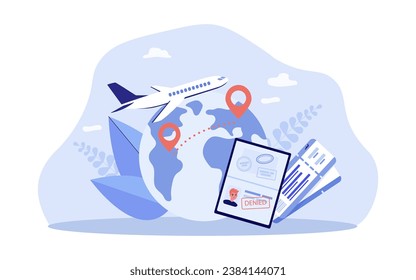 Passport with denied stamp flat vector illustration. Globe with destination points and airplane on background. Migration crisis, tourism concept