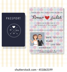 Passport Design Wedding Invitation Cards With Bride And Groom .Ilustration EPS 10.