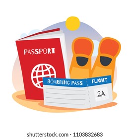 Passport and dicing gear. Traveling icon set. Leisure and travel agent icon series.