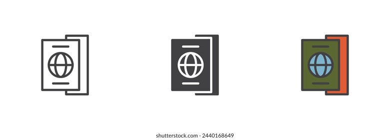 Conjunto de iconos de estilo diferente de Passport. Línea, glifo y contorno relleno versión colorida, contorno y signo de vector relleno. Símbolo, ilustración del logotipo. Gráficos vectoriales