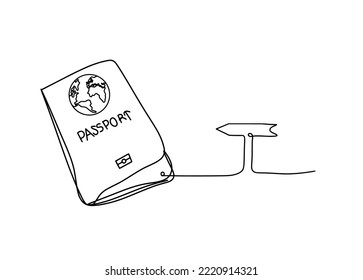 Passport with direction as line drawing on white background. Vector