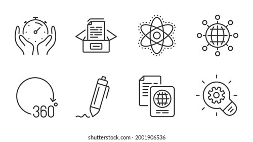 Passport document, Chemistry atom and Documents box line icons set. Signature, 360 degrees and Timer signs. Cogwheel, International globe symbols. Id docs, Laboratory molecule, Bureaucracy. Vector