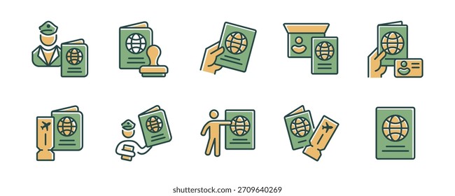 passport document icon line set international personal id identification global travel border pass stamp signs vector illustration