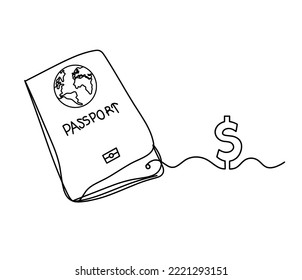 Pasaporte con el dólar como plano de línea sobre fondo blanco. Vector