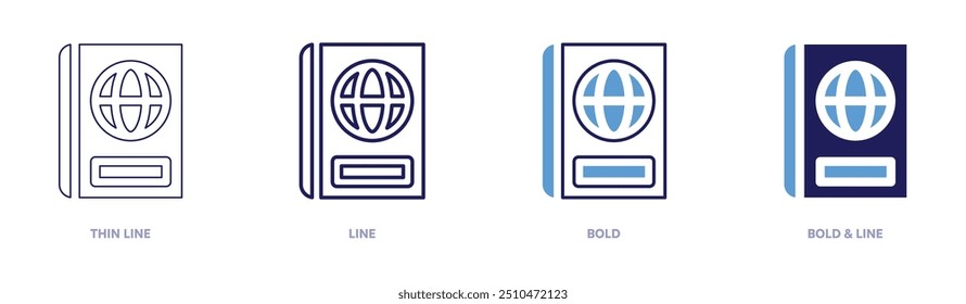 Icono de emergencia de pasaporte en 4 estilos diferentes. Línea delgada, línea, negrita y línea negrita. Estilo duotono. Trazo editable.