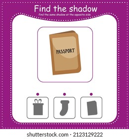 Passport. Find the correct shadow. Educational game for children. Cartoon vector illustration.