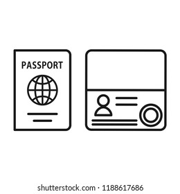 Passport with first page inside passport, check and identification document for tourist in travel. Flat simple design. Line Vector. Isolate on white background.