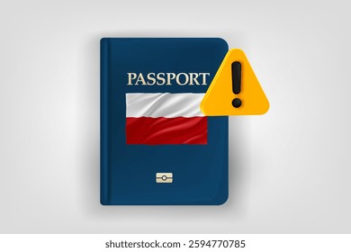 Passport with flag of Poland and exclamaion sign. Low energy concept. Vector 3d illustration