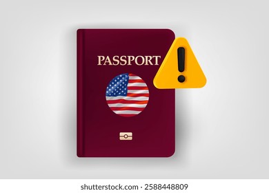 Passport with flag of USA and exclamaion sign. Low energy concept. Vector 3d illustration