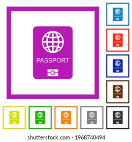 Passport flat color icons in square frames on white background