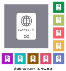 Passport flat icons on simple color square backgrounds