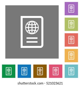 Passport flat icons on simple color square background.