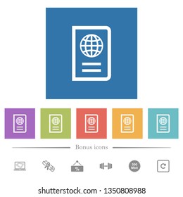 Passport flat white icons in square backgrounds. 6 bonus icons included.