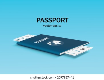 Passport   flight ticket are attached for international travel   tourism concept design vector 3d virtual blue background