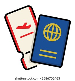 Passport and flight ticket color-filled round line vector icon with editable stroke, symbolizing travel documents, vacation and holiday